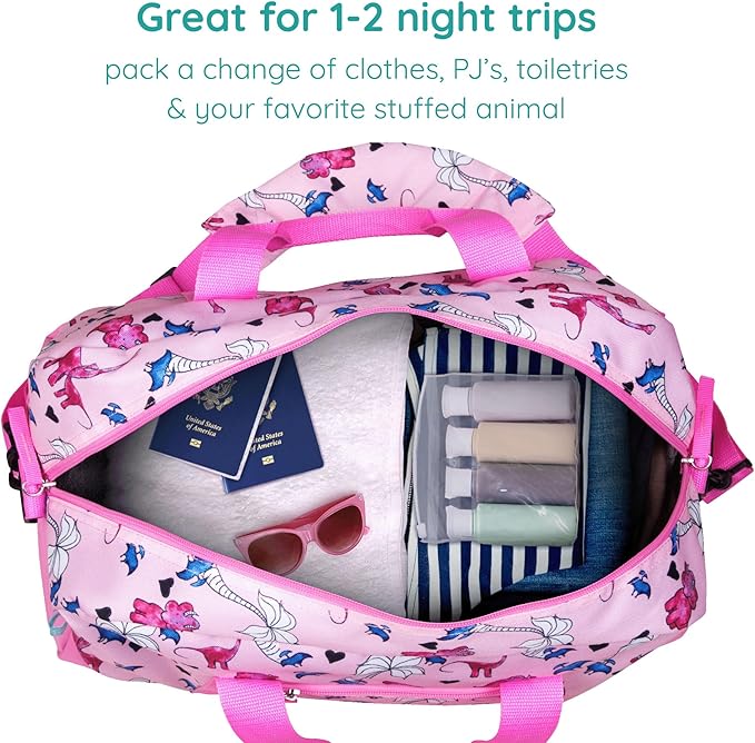 JumpOff Jo by Wildkin Overnighter Duffel Bag – Lightweight Travel Bag for Kids - Pink Dino