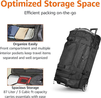 Amazon Basics 30-Inch Large Rolling Duffle Bag with Wheels and Handle, Travel Duffle Bag with Durable Ripstop Polyester Material, 2 Layers of Space, Multiple Interior and Exterior Pockets, Black