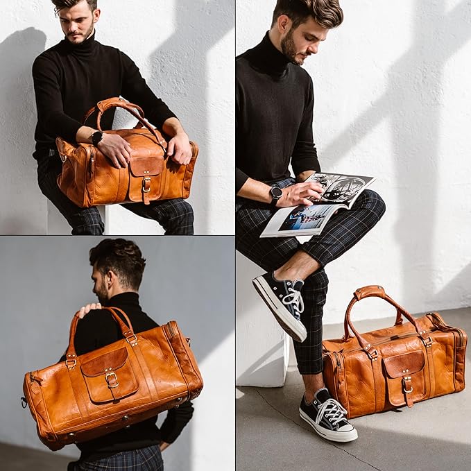 Berliner Bags Vintage Genuine Leather Duffle Bag New York L for Travel or the Gym, Weekender, Travel Bag, Overnight Bag for Men and Women - Brown