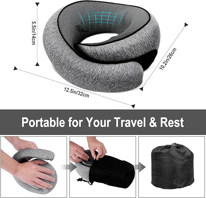 Travel Neck Pillow for Airplanes, 100% Memory Foam Neck Pillow for Sleeping, 360° Neck Support Pillow, Compact and Ergonomic Design for Travel, Car Rides, Airport (Dark Grey)