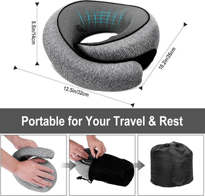 Travel Neck Pillow for Airplanes, 100% Memory Foam Neck Pillow for Sleeping, 360° Neck Support Pillow, Compact and Ergonomic Design for Travel, Car Rides, Airport (Dark Grey)