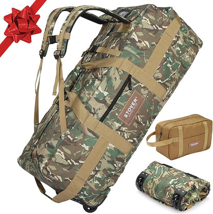 STOVER 100L Rolling Duffel Bag with Wheels, X-Large Durable Travel Duffle + Toiletry Bag, Heavy Duty, Packable with Shoulder Straps- Use as Luggage or Backpack (Camouflage)