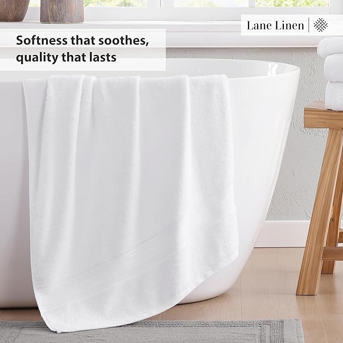 LANE LINEN Towel Set of 6 – 100% Mercerized Cotton, Zero Twist, 2 Large Bath Towel, 2 Hand Towels & 2 Wash Cloths, Quick Dry & Long-Lasting, Perfect for Family Bathrooms, Easy Care – White Towels