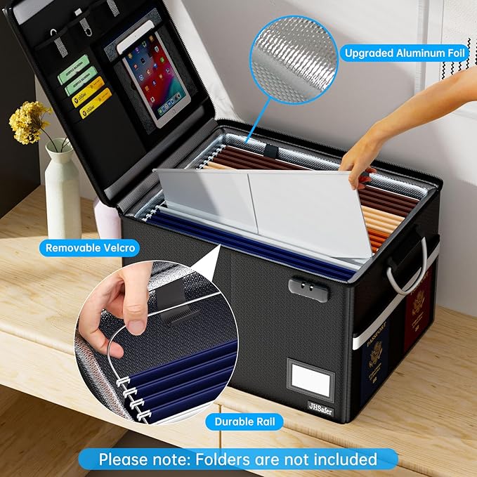 5200℉ Fireproof Document Box with Lock, Waterproof File Organizer with Handle, Portable Collapsible Filing Cabinet with Reflective Strip for Hanging Letter/Legal Folder, Black