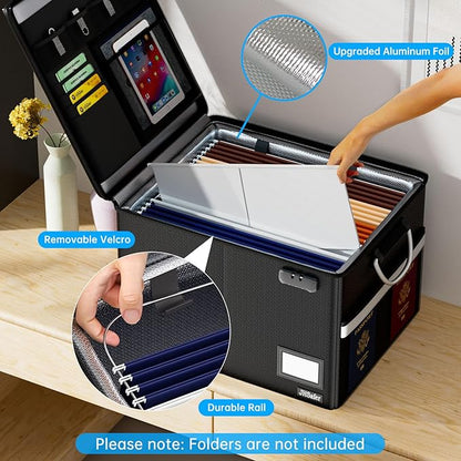 5200℉ Fireproof Document Box with Lock, Waterproof File Organizer with Handle, Portable Collapsible Filing Cabinet with Reflective Strip for Hanging Letter/Legal Folder, Black