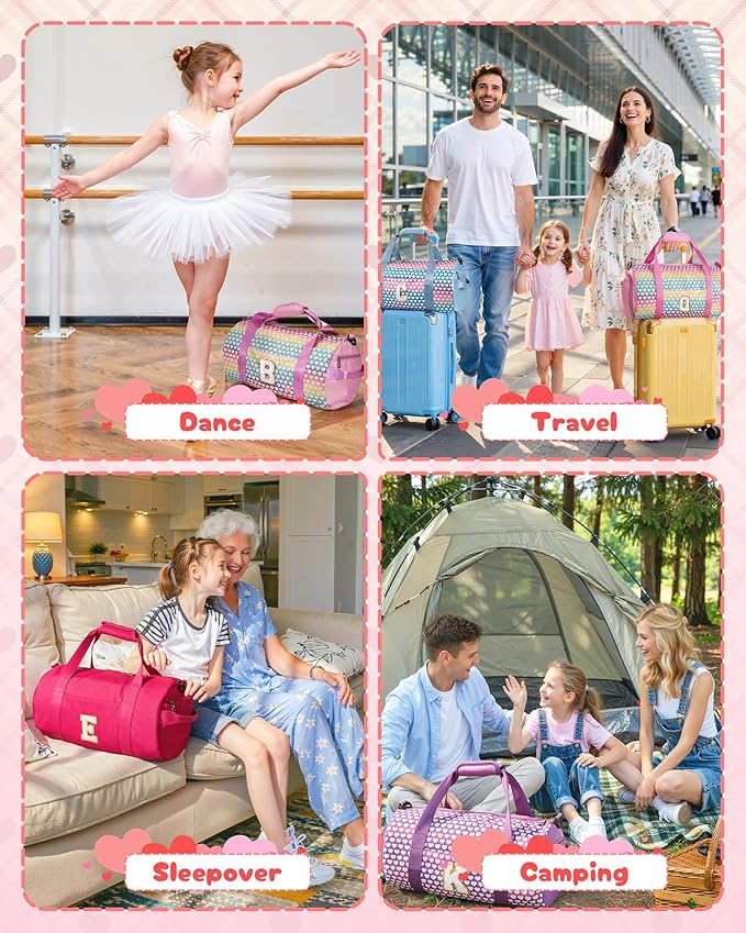 Cheer Gifts for Girl, Girls Travel Duffel Bag, Kids Initial Overnight Bags with Shoe Compartment, Personalized Gym Ballet Dance Bag with Makeup Pouch, Sweet 16 Gift for Daughter (Letter W)