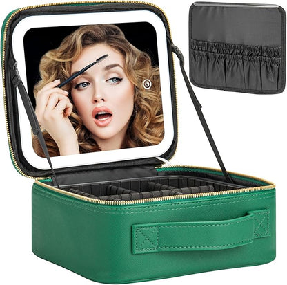 Makeup Travel Train Case with Mirror LED Light 3 Adjustable Brightness Large Cosmetic Bag Portable Storage Adjustable Partition Waterproof Makeup Brushes Make up Jewelry Gift for Women