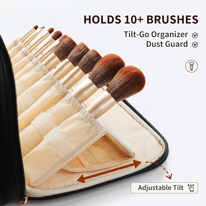 Large Travel Toiletry Bag with Makeup Brush Holder, 25 Pockets, Double Reinforced Handles & Luggage Sleeve, Waterproof PU Leather Cosmetic Organizer (Black)