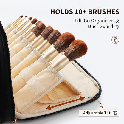 Large Travel Toiletry Bag with Makeup Brush Holder, 25 Pockets, Double Reinforced Handles & Luggage Sleeve, Waterproof PU Leather Cosmetic Organizer (Black)