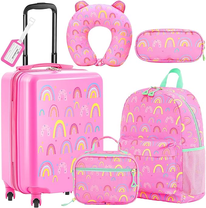 Redbaker 6 Pcs Kids Luggage Set 17 Inch Kids Rolling Luggage Double Pattern Suitcase for Girls Boys School Gift(Dusty Pink,Rainbow Style)