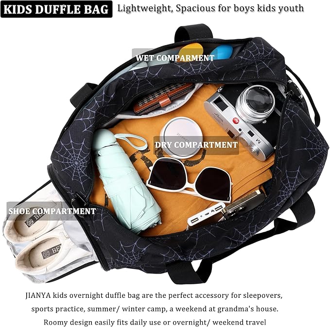 JIANYA Kids Overnight Duffle Bag Spider Sports Gym Bag with Shoe Compartment & Wet Pocket, Carry On Weekender Travel Bag, Black