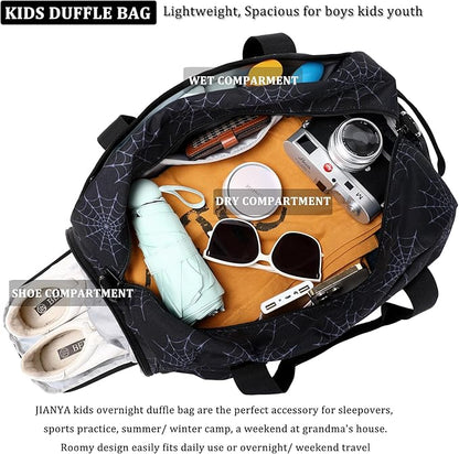 JIANYA Kids Overnight Duffle Bag Spider Sports Gym Bag with Shoe Compartment & Wet Pocket, Carry On Weekender Travel Bag, Black