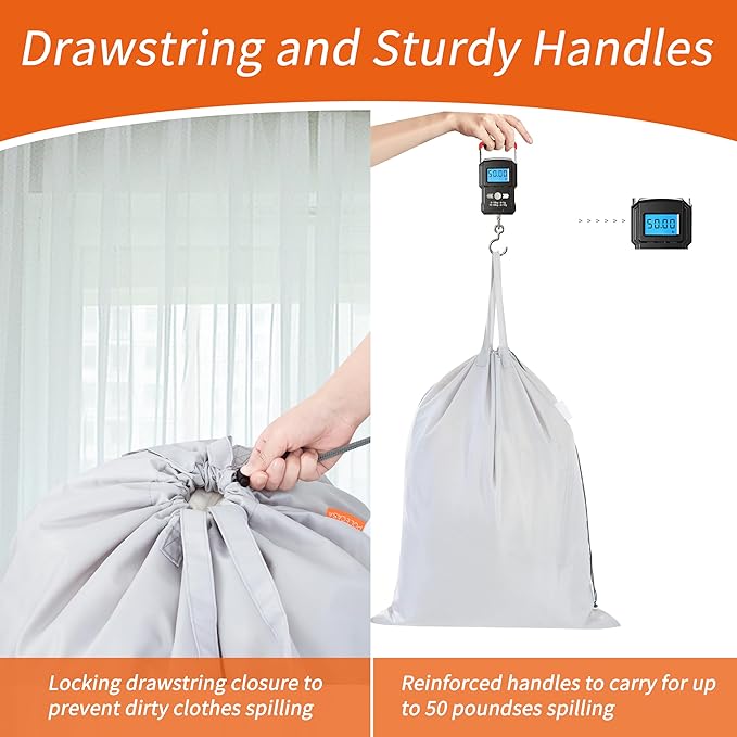 Polecasa Heavy Duty Large Laundry Bag with 130gsm Tear Resistant Fabric and Handles, Easy to Carry Durable Dirty Clothes Drawstring Bag, Perfect for College Dorm, Travel, 2 Pack 28”x36”, Silver