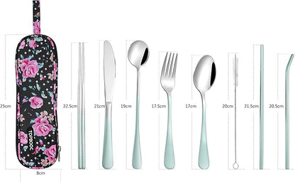 Travel Utensils,Reusable Silverware Set To Go Portable Cutlery Set with a Waterproof Carrying Case for Lunch Boxes Workplace Camping Picnic (GraGreen)