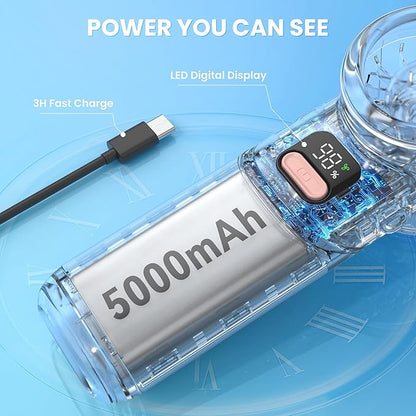 Portable Handheld Fan - 5000mAh Rechargeable Battery, 19Hrs Cooling Max, 5 Speed, 11000RPM High Power Motor, 3-IN-1 Personal Mini Fan with Neck Strap for Women Men Travel/Camping/Outdoor - Pink