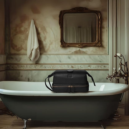 LEATHER VILLAGE Genuine Leather Dopp Kit – Large Travel Toiletry Bag with Waterproof Lining, Dual-Zip Design for Men & Women, Organizer for Shaving, Makeup & Essentials - Black