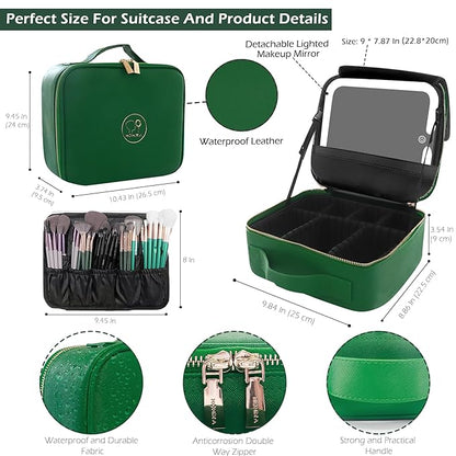MOMIRA Travel Makeup Bag Cosmetic Bag Makeup Organizer Bag with Lighted Mirror, Adjustable Brightness in 3 Color Scenarios, Waterproof Makeup Train Case, Gift for Women - Emerald green