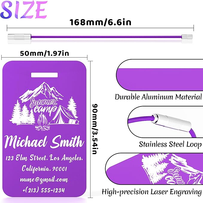 4 PCS Personalized Luggage Tags for Suitcase, Custom Engraved Aluminum Luggage Tags with Your Personalized Text Logo, Metal Name Tags with Steel Loop for Bag, Suitcase, Backpack (Purple, Large)