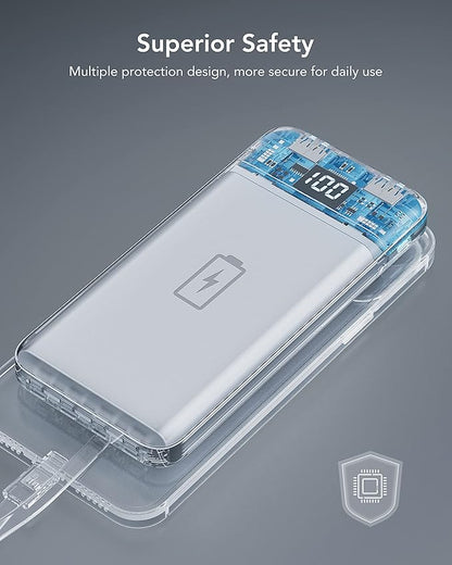 charmast Portable Charger with Built in Cables, Power Bank with Cords Wires, Slim 10000mAh Travel Battery Pack 6 Outputs 3 Inputs 3A Fast Charging for Samsung Google Pixel LG Moto iPhone iPad