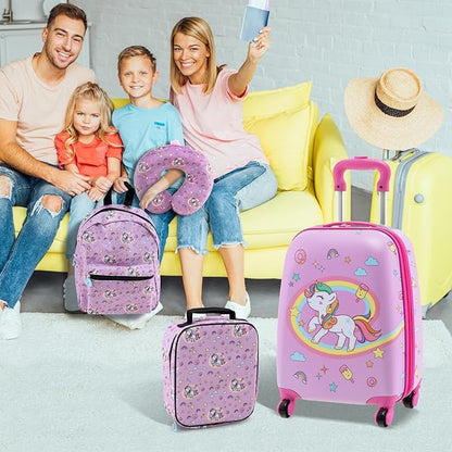Goplus 5 Piece Kid’s Luggage Set, 16” Carry on Suitcase w/13” Backpack, Neck Pillow, Hardside Spinner Toddler Luggage, Travel Rolling Suitcase for Boys Girls Gifts (Pink, Unicorn)
