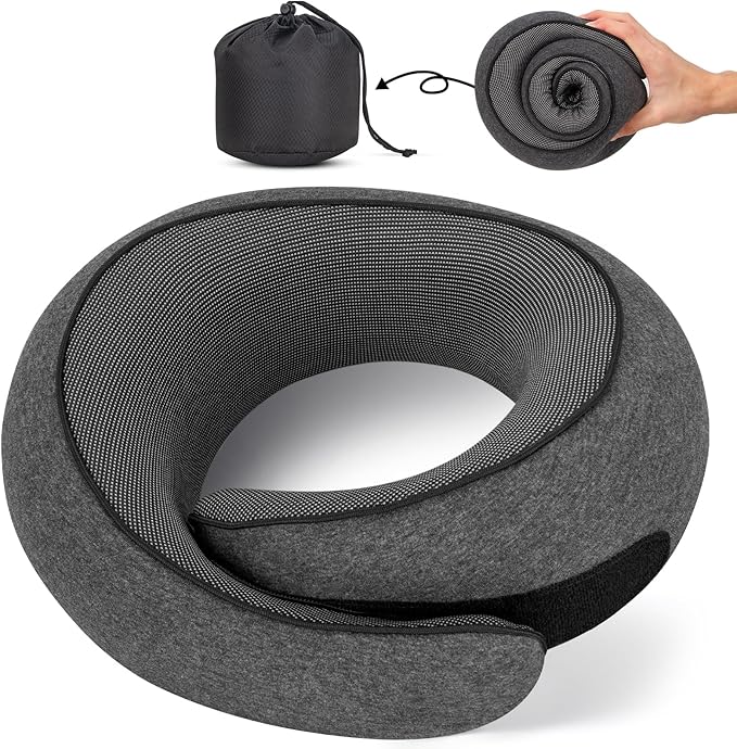NOCRLG Travel Pillow, Travel Neck Pillow for Airplanes Car, 100% Pure Memory Foam Travel Pillow, Sleeping Essentials for Long Flight 360° Head Support Degree Comfort and Breathability (Dark Grey)