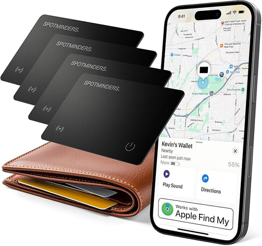 SPOTMINDERS Apple MFI Certified Wallet Tracking Card Black 4-Pack - Works with Apple Find My Rechargeable Tracker IP68 Waterproof 0.07in Slim iPhone Item Finder Smartcard for Luggage Tags Purse Keys