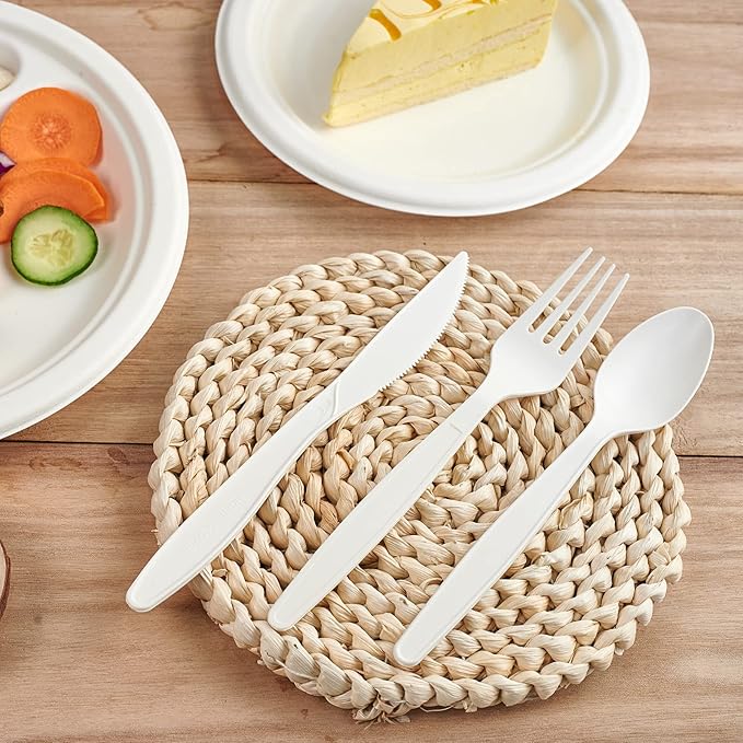 ECOLipak 350 Pcs Compostable Cutlery Set, 7 Inch Large Size Biodegradable Disposable Silverware Set 150 Forks 100 Spoons 100 Knives, Heavy Duty Bio based CPLA Utensils for Party, BBQ, Picnic