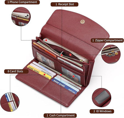RFID Blocking Genuine Leather Wallet for Men and Women Large Capacity Phone and Credit Card Holder Organizer Purse (Dark Burgundy)
