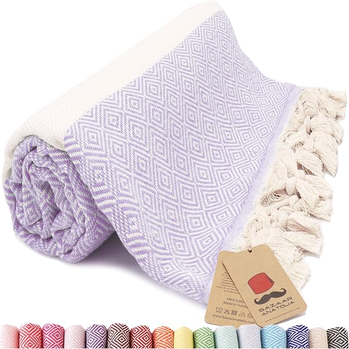 Bazaar Anatolia Turkish Beach Towel – 100% Cotton, Quick Dry, Sand Free Towel for Bathroom, Camping, Travel, Lavender – Oversized 71x39 Inches – Diamond Lilac