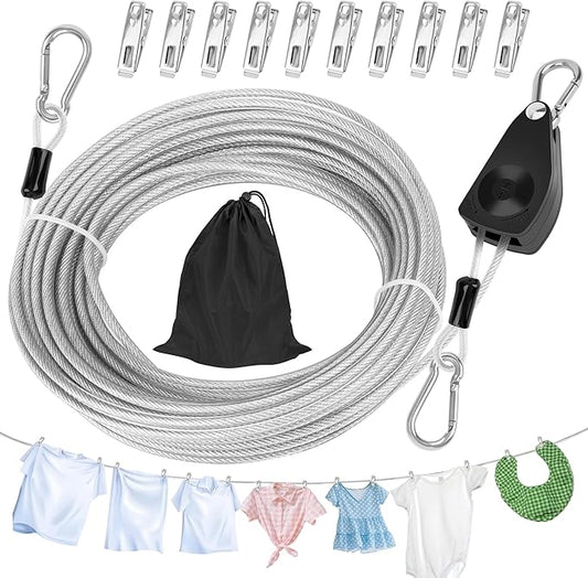 Windspeed 50Ft Retractable Clothesline Outdoor Heavy Duty Travel Clothesline Retractable Clothes Line for Outside Travel Camping Clothes Line, Galvanized Steel Material, with 10 Clips, Storage Bag