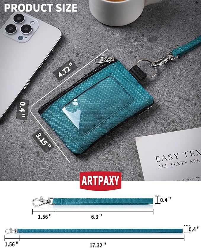 Minimalist Wallet For Mens Womens, Keychain RFID Blocking Zipper Small Wallet with ID Window 2 Lanyards,Water Resistant Travel Cash Card Coin Case Boys Girls