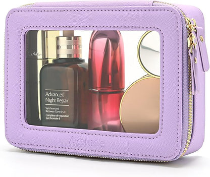 Aveniee Clear Makeup Bag Organizer, Travel Toiletry Bag Cosmetic Case for Women, Portable Make Up Skincare Pouch Car Organizer Bag with Zippers for Essentials,Lilac