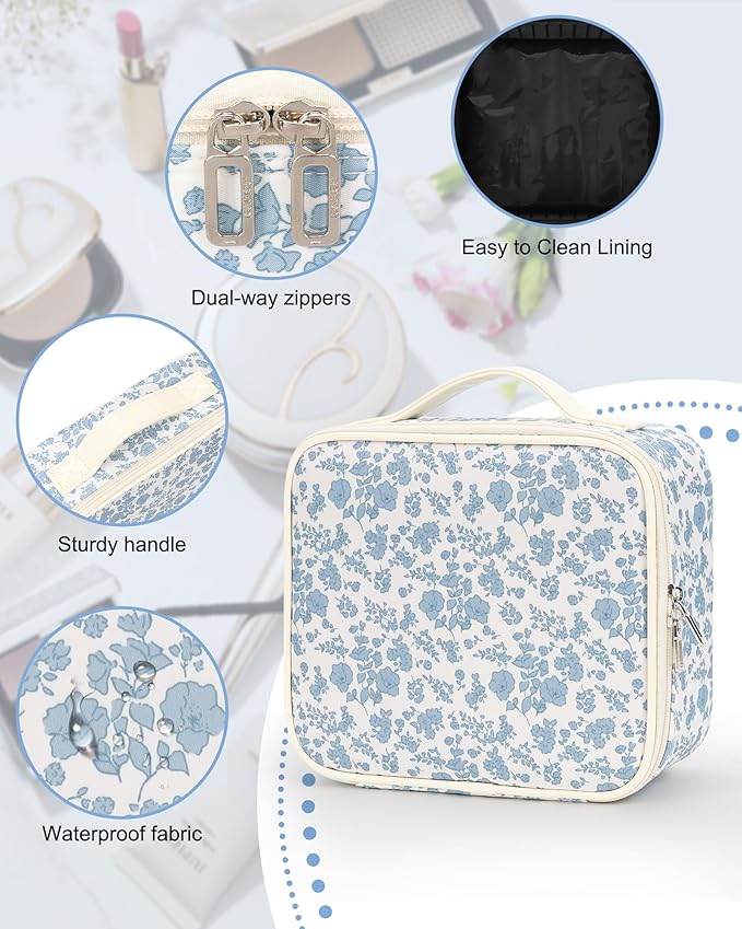Relavel Travel Makeup Case, Professional Makeup Artist Makeup Bag, Portable Makeup Train Case Organizer with Adjustable Dividers, Cute Cosmetic Bags Birthday Gifts for Girls and Women, Floral Print