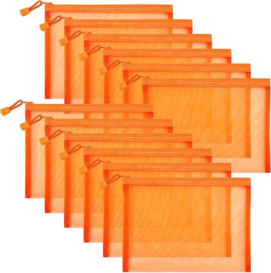 12 Pieces Zipper Nylon Mesh Pouch, Mesh Cosmetic Bags Makeup Bags Pencil Case, Multipurpose Travel Bags for Cosmetic School Office Supplies and Travel Accessories (Orange, A5)