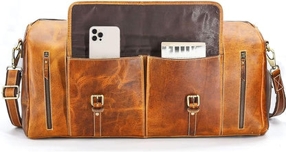 KomalC Leather Duffel Bags for Men and Women Full Grain Leather Travel Overnight Weekend Leather Bags Sports Gym Duffel for Men (Distressed Tan, 28 Inch)