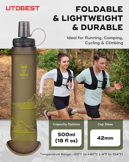 500ml Soft Flask, 2 Pack Flexible TPU Hydration Water Bottle, Collapsible with 42mm Caliber for Running, Hiking, Cycling, Climbing, and Marathon Yellow
