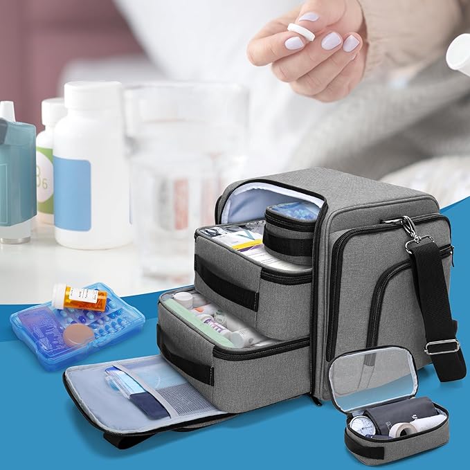 BAFASO Large Pill Bottle Organizer with 4 Inner Removable Pouches, Medicine Bag Come with Shoulder Strap (Bag ONLY),Gray