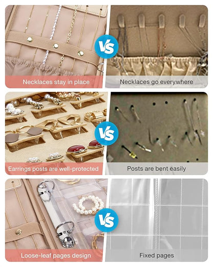 BAGSMART Jewelry Travel Organizer Case for Home Jewelry Organizer Storage Ring Binder Clear Bags Zipper Rolls Pouch for Necklaces, Earrings, Rings, Bracelets, Grey