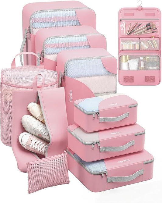 ALL INCLUDED 10 Set Durable Packing Cubes for Suitcases,OlarHike Essentials for Travel,UPGRADED Anti-Tear Stitching, NEW Improved Luggage Packing Organizers for Travel Accessories (Pearl pink)