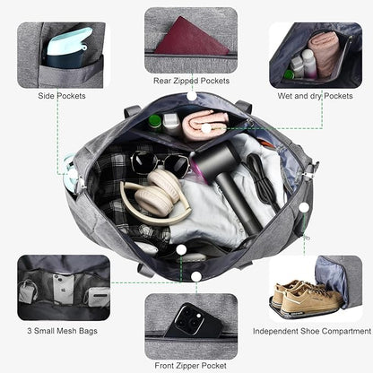 Felipe Varela 65L Duffle Bag with Shoes Compartment, Foldable Carry on Bag Travel Duffel Bags Overnight weekender Gym Bag with Wet Pocket for Women Men(Grey)