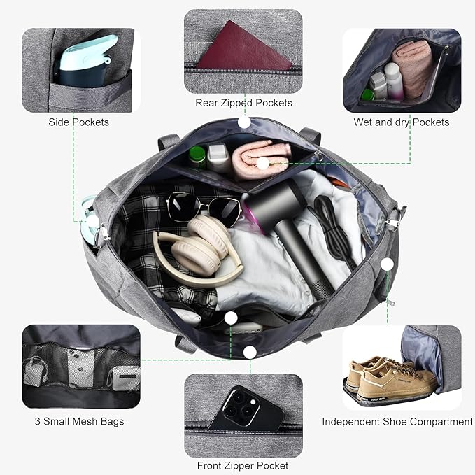 Carry on luaggage 22x14x9 Airlines Approved, Foldable Travel Duffel Bags Weekender Overnight Carry on Duffel Luggage Gym Duffle Bag with Wet Pocket & Shoe Compartment for Women Men(Grey, 40L)