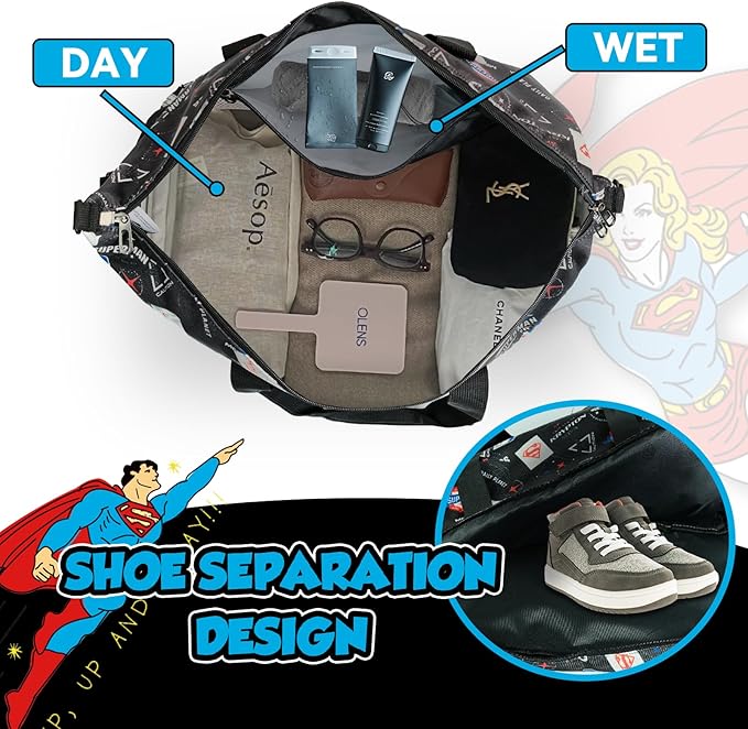 SUPERMAN Travel Duffel Bag with Krypton-Inspired Graphics, Durable Construction, Spacious Storage, Adjustable Shoulder Strap, and Multiple Carrying Options for Fans of Bold Designs
