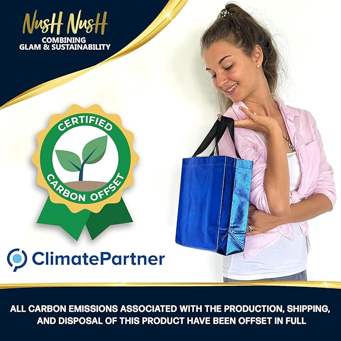 Nush Nush Shiny Blue Gift Bags Bulk Medium Size – Set of 60 Reusable Gift Bags With Handles - Ideal for Party Favors, Goodies, Birthday Parties, Small Business, Christmas and Holidays – 8Wx4Dx10H