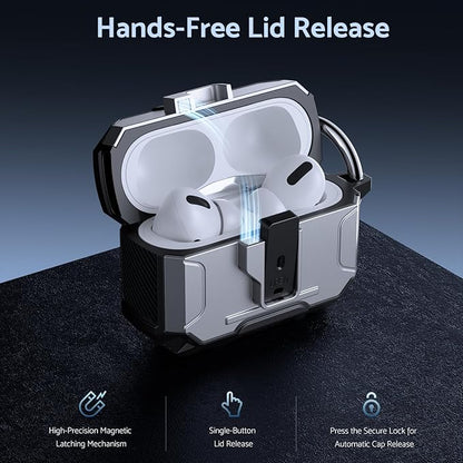 DASFOND Armor Earphone Cover Case for Airpods Pro, Military Grade Full Body Shockproof Protection Hard Case, Support Wireless Charging with Keychain, Magnetic Lid, Front LED Visible, Silver