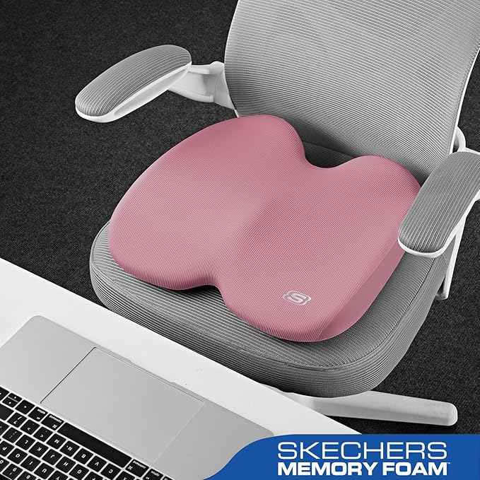 Skechers Memory Foam Seat Cushion,Ribbed Fabric Office Chair Cushion for Tailbone Pain Relief,Butt Pillow for Office Chair,Car Seat Cushion,Long Sitting Office Workers,and Car Drivers,Pink