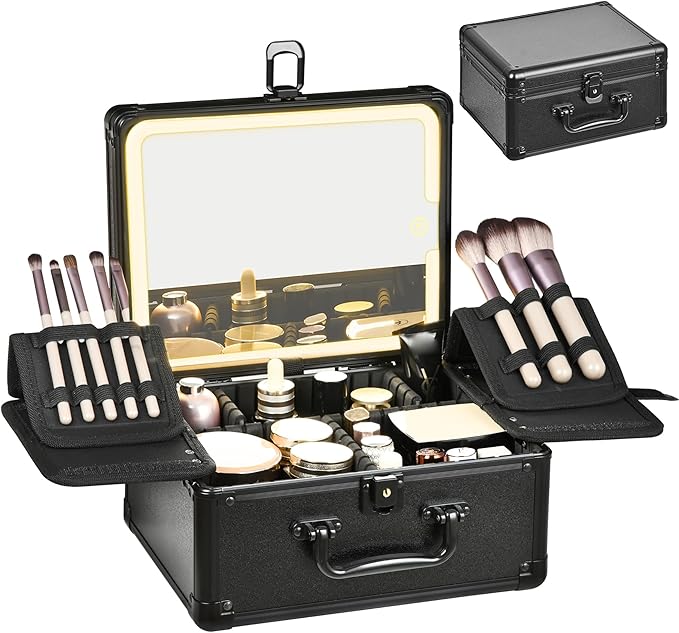 Makeup Case with Lighted Mirror, Makeup Box Organizer with Detachable LED Mirror, Travel Makeup Train Case, Waterproof Cosmetic Organizer, Standing Makeup Brush Holder, Gift, Black