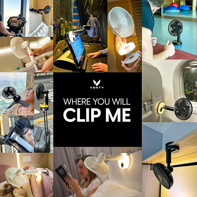 VENTY Portable Clip Fan - Rechargeable 10-Hour Battery Portable Fan - 360° Rotation & 90° Tilt - Stroller, Desk or Bedside - Aromatherapy & LED Light - USB-C Rechargeable Clip On