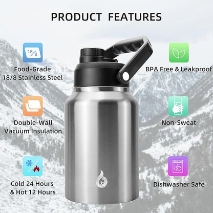 BJPKPK 64 oz Insulated Water Bottle, Dishwasher Safe Half Gallon Water Bottle with Ergonomic Handle, BPA Free Leak Proof Water Jug with Anti-slip Bottom, Stainless Steel Primary Color