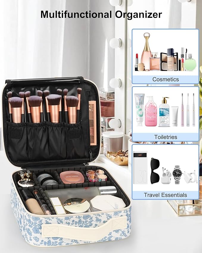 Relavel Travel Makeup Case, Professional Makeup Artist Makeup Bag, Portable Makeup Train Case Organizer with Adjustable Dividers, Cute Cosmetic Bags Birthday Gifts for Girls and Women, Floral Print