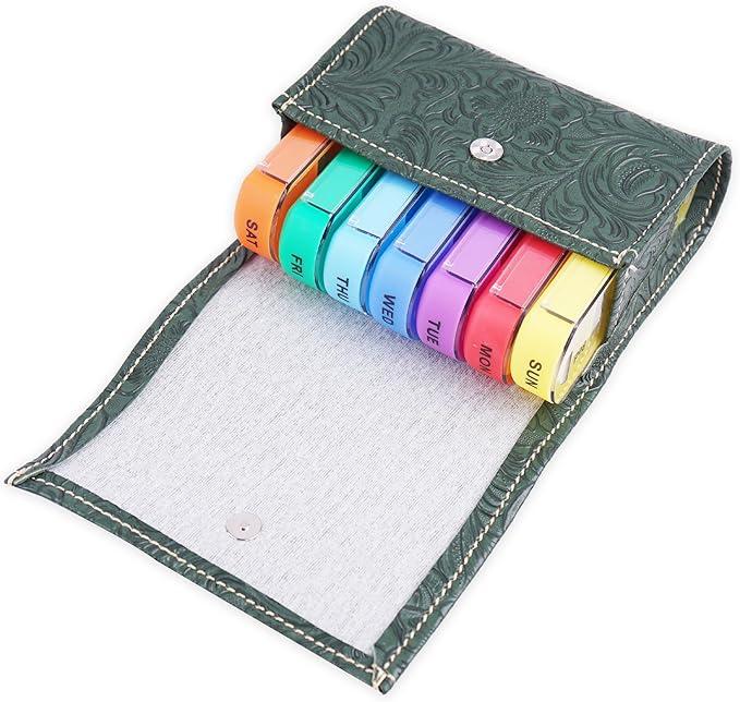 Pill Organizer,LIZIMANDU Weekly Travel Pill Case Box Medication Reminder Daily AM PM, Day Night 7 Compartments,for 4 Times A Day, 7 Days a Week-Includes Leather PU Carrying Case(1-Carved Green3)